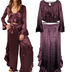 NWT Free People | Chasing Love Ruffle Satin Pajamas in Precious Wine